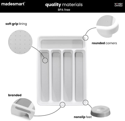 Classic 5 Compartment Compact Silverware Tray, White | non slip feet, rounded corners, branded icons, soft grip lining, forks knives spoons, flatware sorting, woman owned