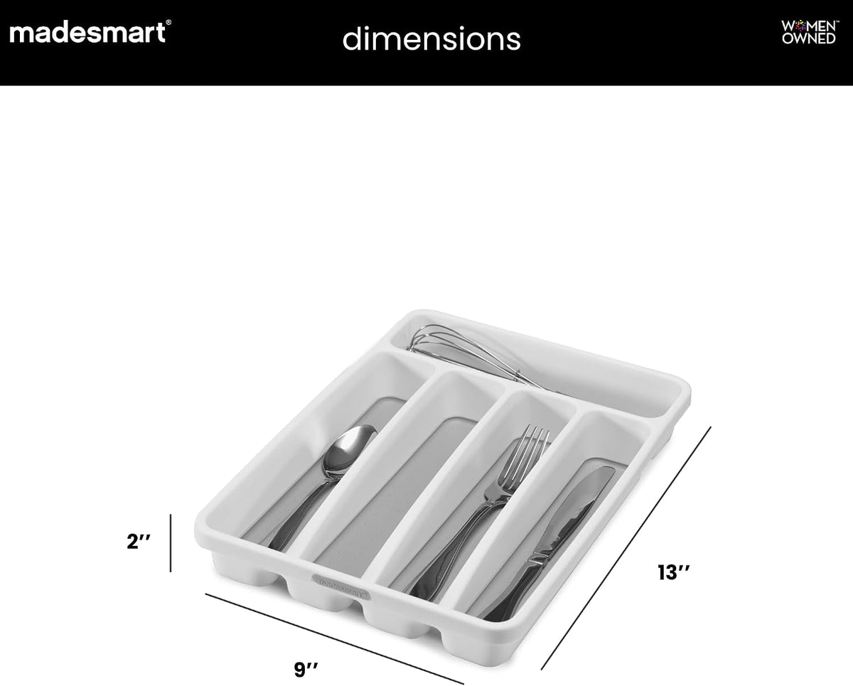 Classic 5 Compartment Compact Silverware Tray, White | non slip feet, rounded corners, branded icons, soft grip lining, forks knives spoons, flatware sorting, woman owned