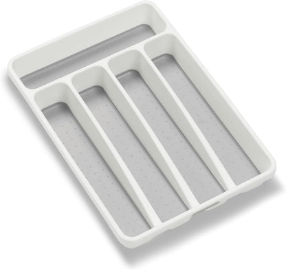 Classic 5 Compartment Compact Silverware Tray, White | non slip feet, rounded corners, branded icons, soft grip lining, forks knives spoons, flatware sorting, woman owned