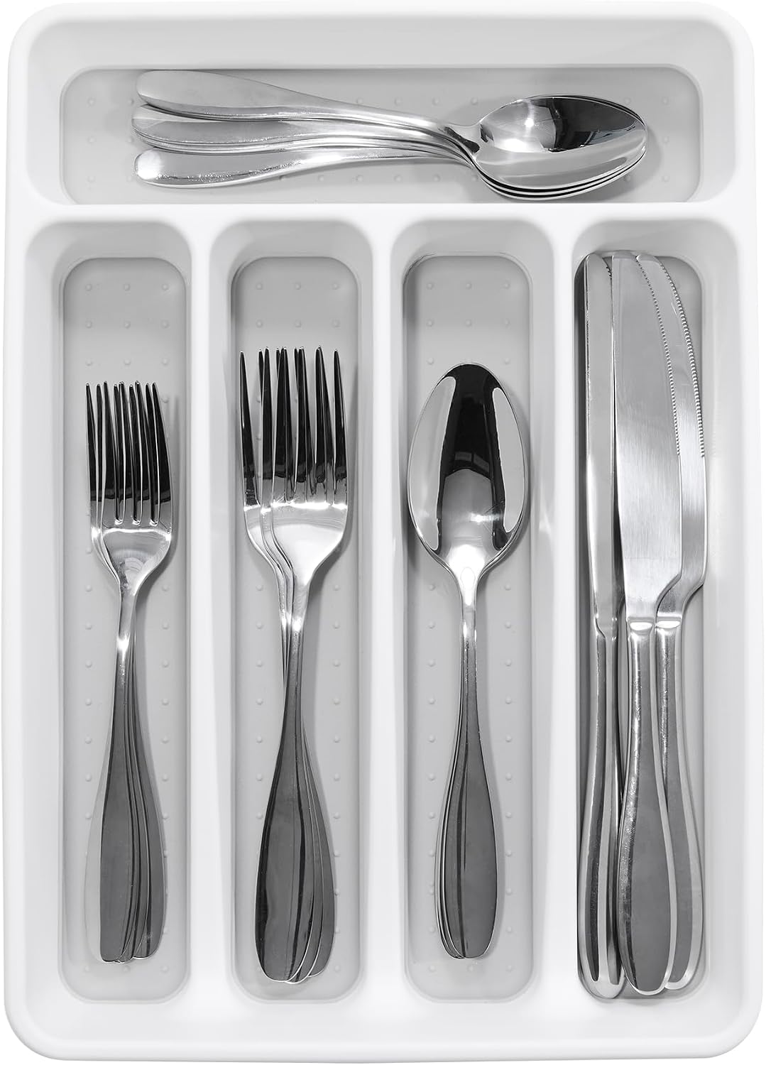 Classic 5 Compartment Compact Silverware Tray, White | non slip feet, rounded corners, branded icons, soft grip lining, forks knives spoons, flatware sorting, woman owned