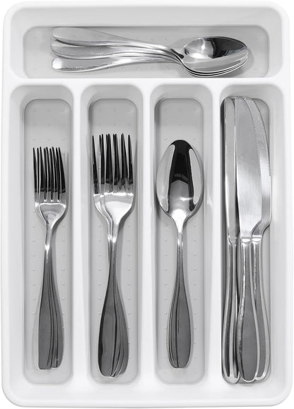 Classic 5 Compartment Compact Silverware Tray, White | non slip feet, rounded corners, branded icons, soft grip lining, forks knives spoons, flatware sorting, woman owned