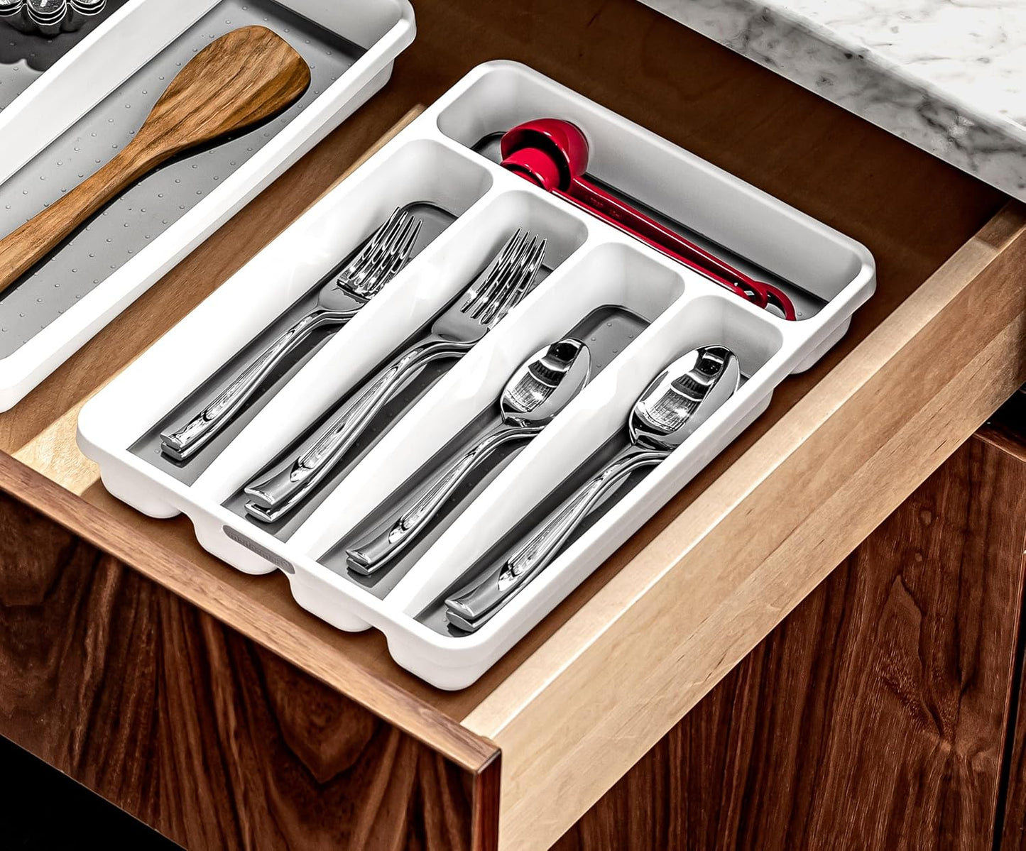 Classic 5 Compartment Compact Silverware Tray, White | non slip feet, rounded corners, branded icons, soft grip lining, forks knives spoons, flatware sorting, woman owned