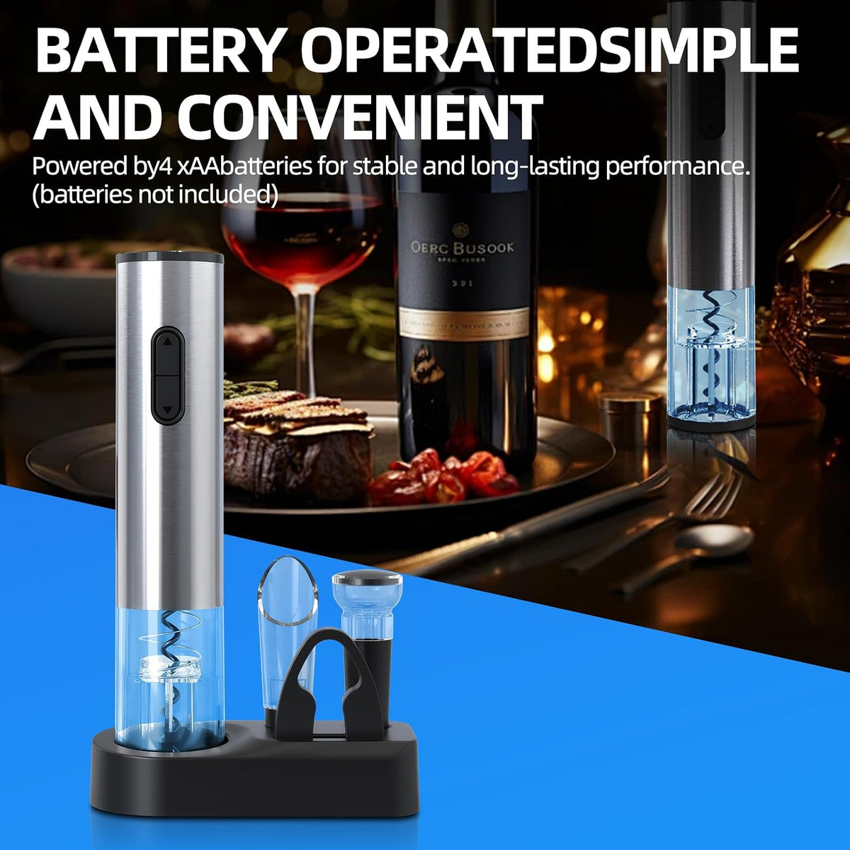 Liuzouwin5-in-1 ElectricWine Bottle Opener Set Battery Operated Reusable Corkscrew with Storage Base, Foil Cutter, Wine Pour& Wine Stopper (Silver)
