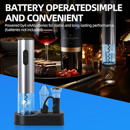 Liuzouwin5-in-1 ElectricWine Bottle Opener Set Battery Operated Reusable Corkscrew with Storage Base, Foil Cutter, Wine Pour& Wine Stopper (Silver)