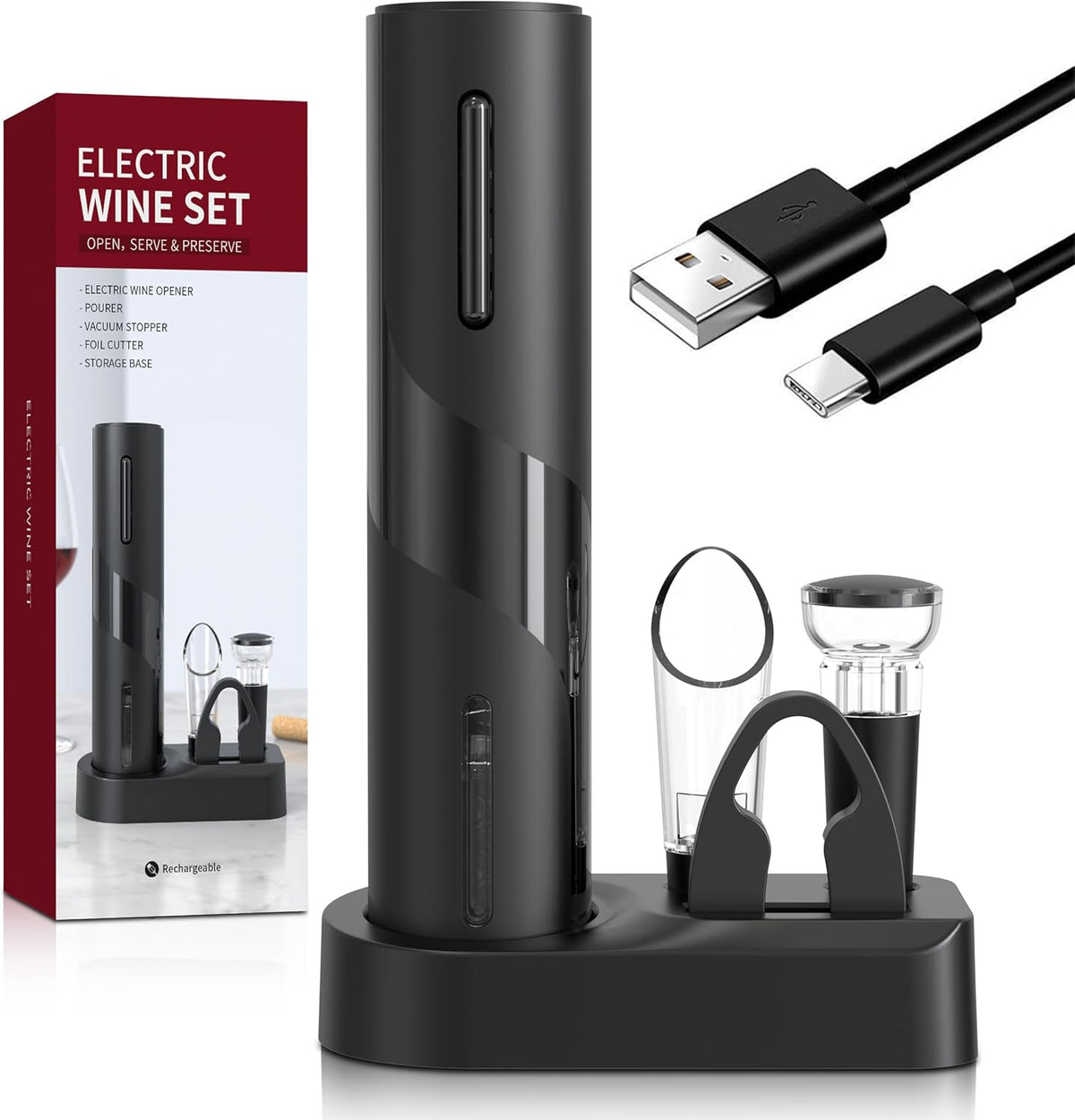 Liuzouwin5-in-1 ElectricWine Bottle Opener Set Battery Operated Reusable Corkscrew with Storage Base, Foil Cutter, Wine Pour& Wine Stopper (Silver)