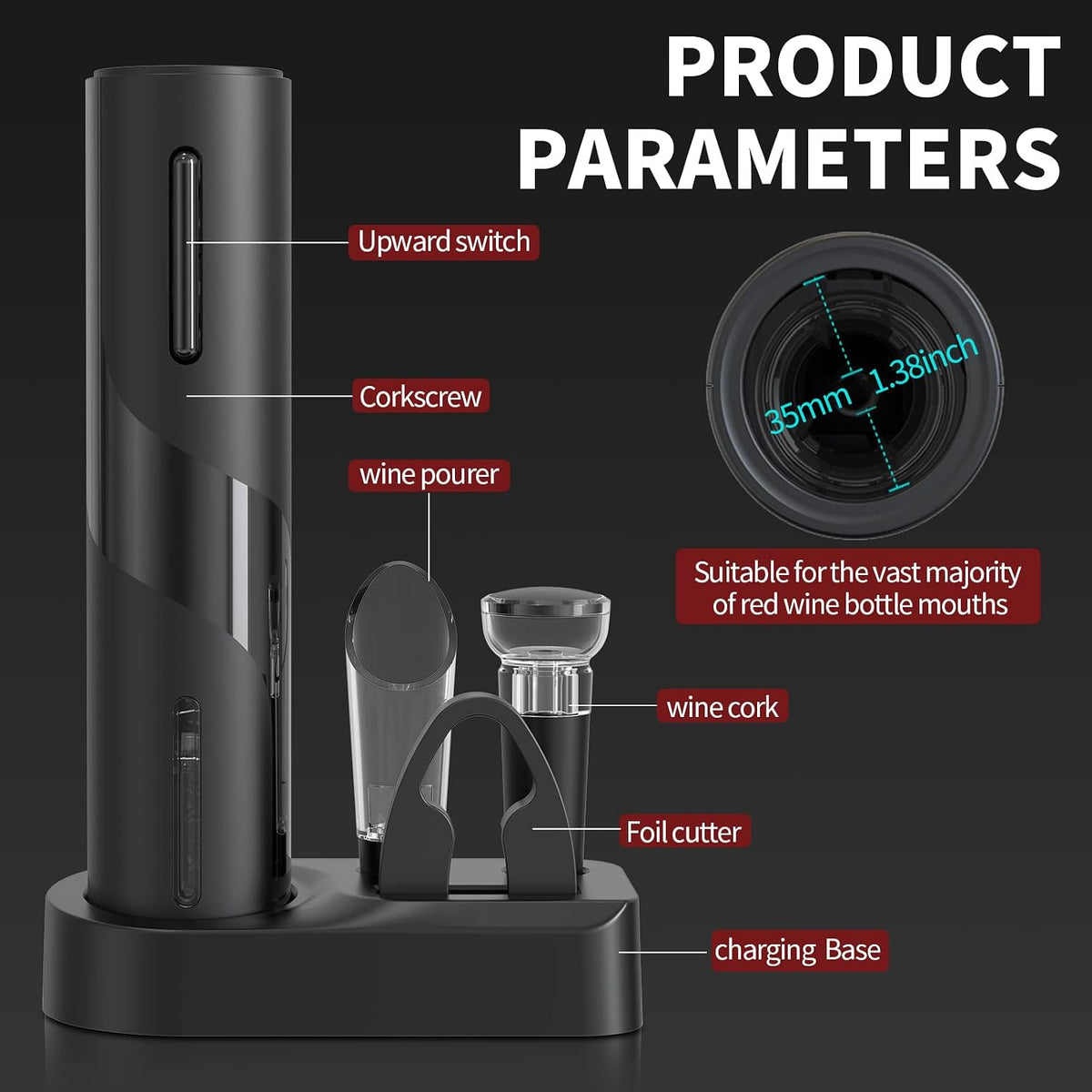 Liuzouwin5-in-1 ElectricWine Bottle Opener Set Battery Operated Reusable Corkscrew with Storage Base, Foil Cutter, Wine Pour& Wine Stopper (Silver)
