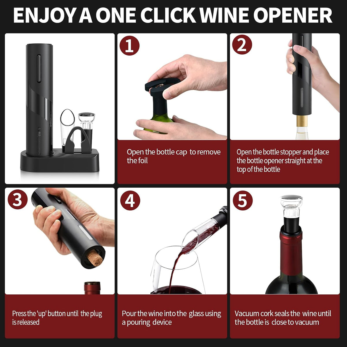 Liuzouwin5-in-1 ElectricWine Bottle Opener Set Battery Operated Reusable Corkscrew with Storage Base, Foil Cutter, Wine Pour& Wine Stopper (Silver)