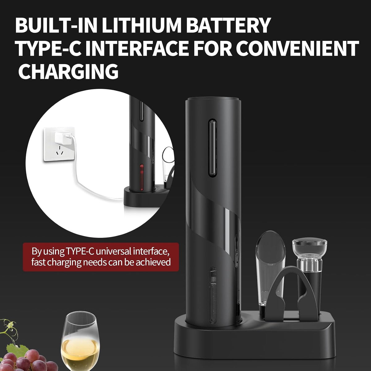 Liuzouwin5-in-1 ElectricWine Bottle Opener Set Battery Operated Reusable Corkscrew with Storage Base, Foil Cutter, Wine Pour& Wine Stopper (Silver)