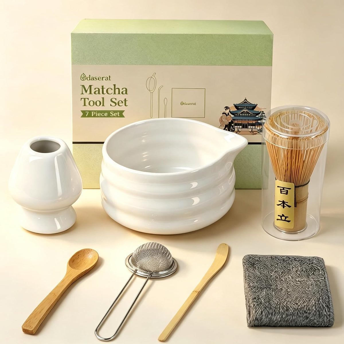 Matcha Whisk Set, 7 Pcs Matcha Kit, Premium Ceramic Matcha Set, Whisk and Bowl, Sifter, Cup Holder, Bamboo Scoop, Tea Plucking, Tea Towel, Matcha Lovers (White)