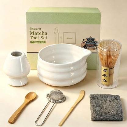 Matcha Whisk Set, 7 Pcs Matcha Kit, Premium Ceramic Matcha Set, Whisk and Bowl, Sifter, Cup Holder, Bamboo Scoop, Tea Plucking, Tea Towel, Matcha Lovers (White)