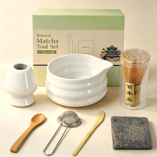 Matcha Whisk Set, 7 Pcs Matcha Kit, Premium Ceramic Matcha Set, Whisk and Bowl, Sifter, Cup Holder, Bamboo Scoop, Tea Plucking, Tea Towel, Matcha Lovers (White)