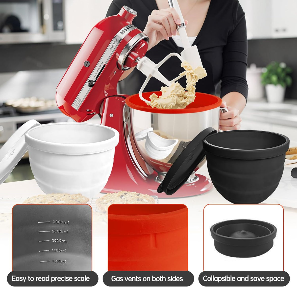 Silicone Bowl Liner for KitchenAid Tilt-Head 5QT Mixers,Odourless,Thicker, Cold/Heat-Resistant & Non-Stick, Easy Clean, Fits 5 Quart Mixing Bowl, Set of 3 with Lids