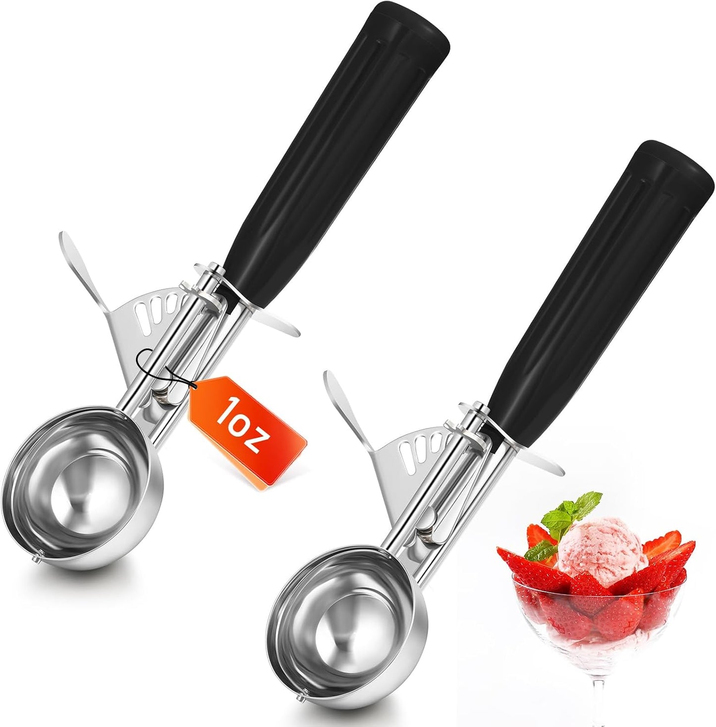 2 Pcs Release Cookie Scoops Ice Cream Scooper with Trigger Release Portion Scoop Stainless Steel for Portion Control, Baking Food, Cookie Dough (1 oz,Black)