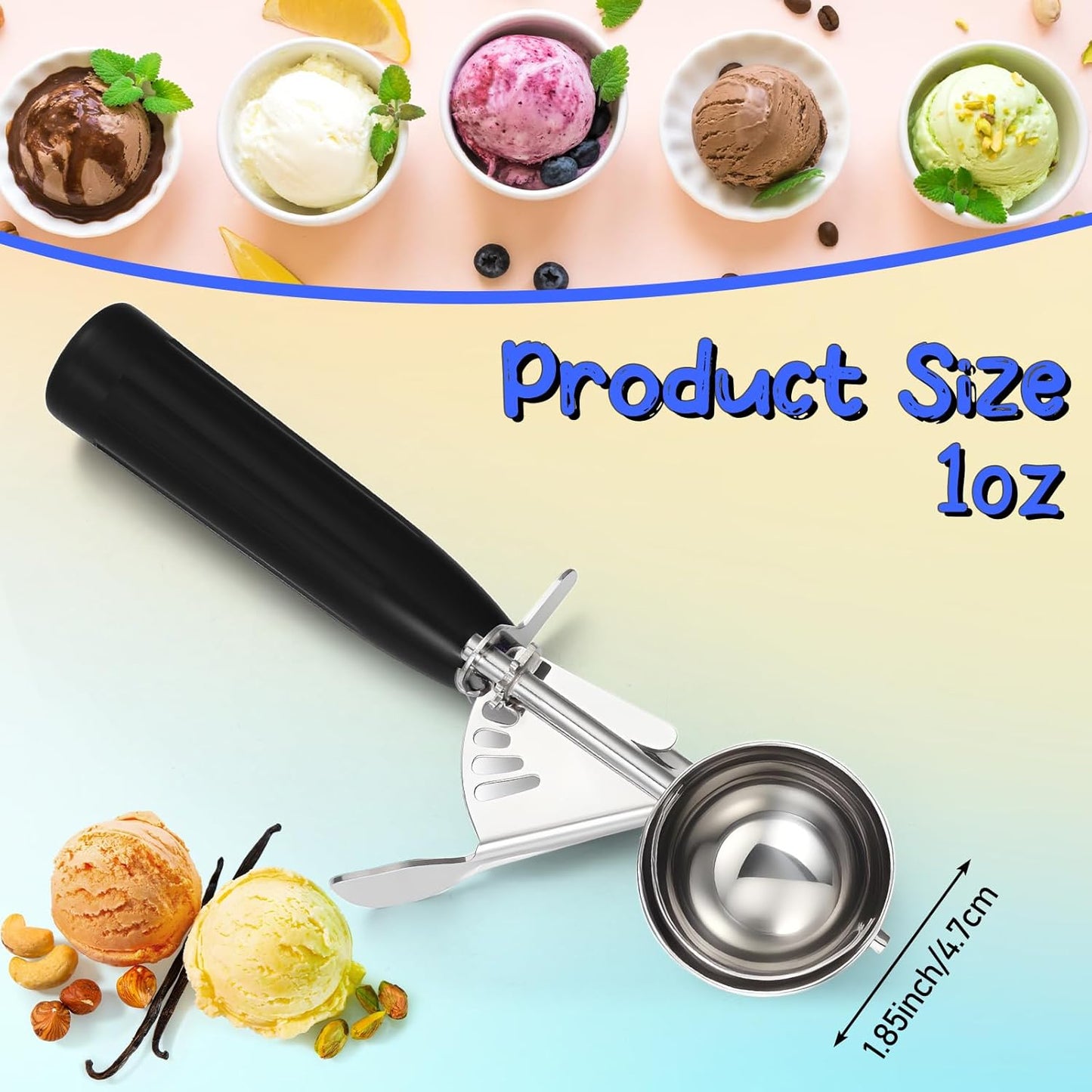 2 Pcs Release Cookie Scoops Ice Cream Scooper with Trigger Release Portion Scoop Stainless Steel for Portion Control, Baking Food, Cookie Dough (1 oz,Black)