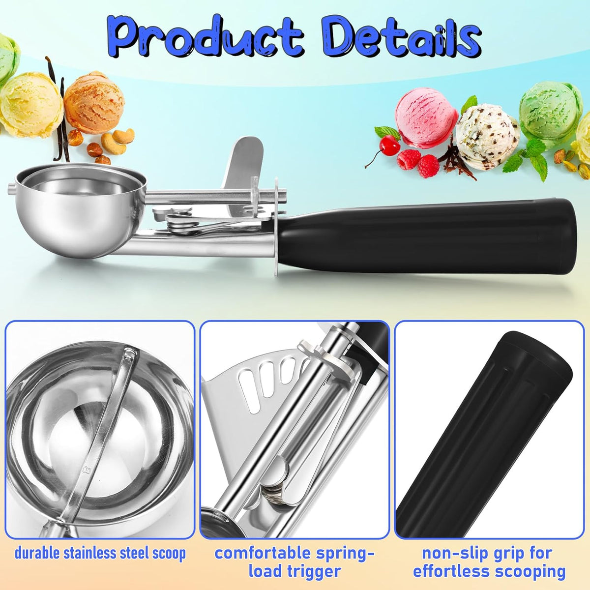 2 Pcs Release Cookie Scoops Ice Cream Scooper with Trigger Release Portion Scoop Stainless Steel for Portion Control, Baking Food, Cookie Dough (1 oz,Black)