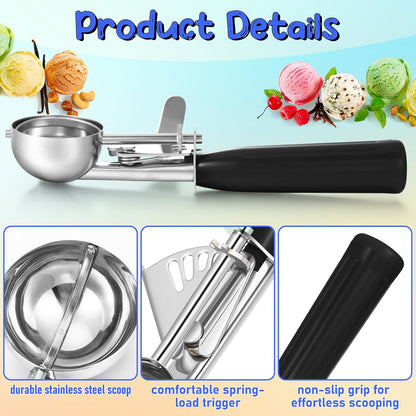 2 Pcs Release Cookie Scoops Ice Cream Scooper with Trigger Release Portion Scoop Stainless Steel for Portion Control, Baking Food, Cookie Dough (1 oz,Black)