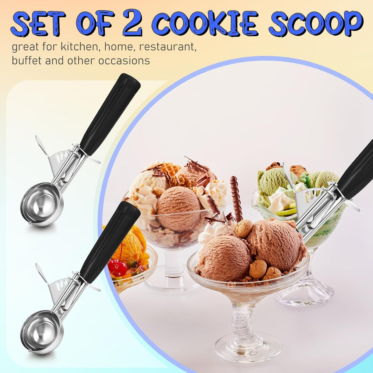 2 Pcs Release Cookie Scoops Ice Cream Scooper with Trigger Release Portion Scoop Stainless Steel for Portion Control, Baking Food, Cookie Dough (1 oz,Black)