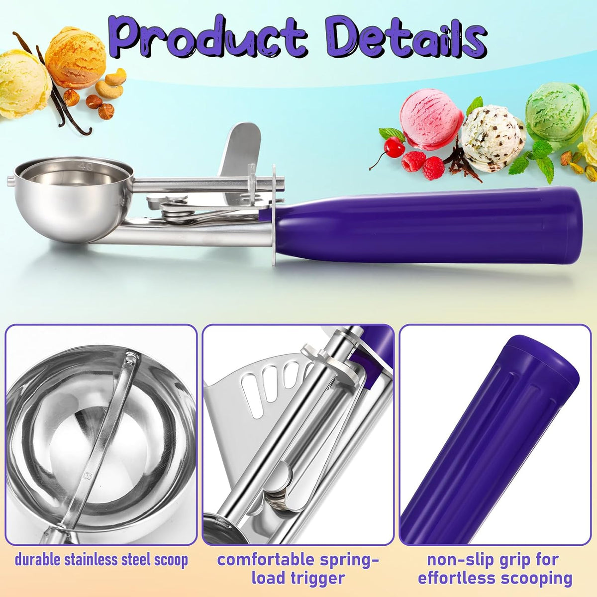 2 Pcs Release Cookie Scoops Ice Cream Scooper with Trigger Release Portion Scoop Stainless Steel for Portion Control, Baking Food, Cookie Dough (1 oz,Black)