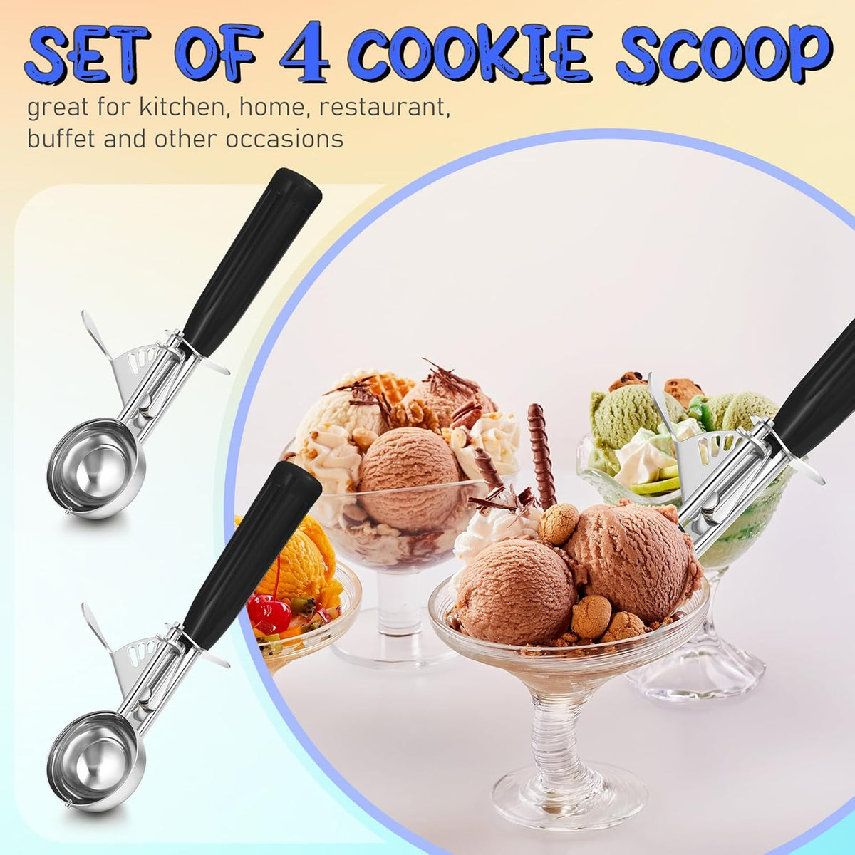 2 Pcs Release Cookie Scoops Ice Cream Scooper with Trigger Release Portion Scoop Stainless Steel for Portion Control, Baking Food, Cookie Dough (1 oz,Black)