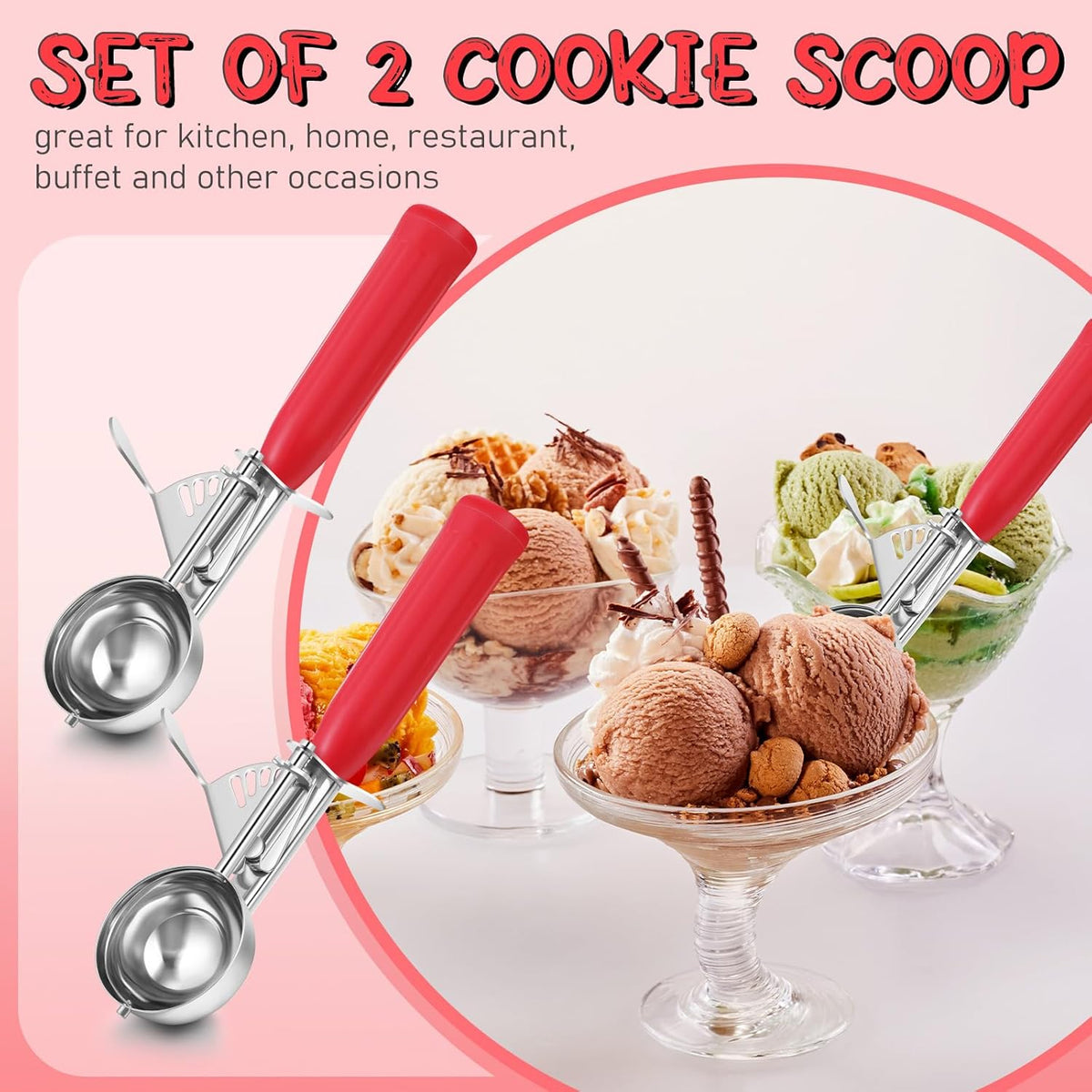 2 Pcs Release Cookie Scoops Ice Cream Scooper with Trigger Release Portion Scoop Stainless Steel for Portion Control, Baking Food, Cookie Dough (1 oz,Black)