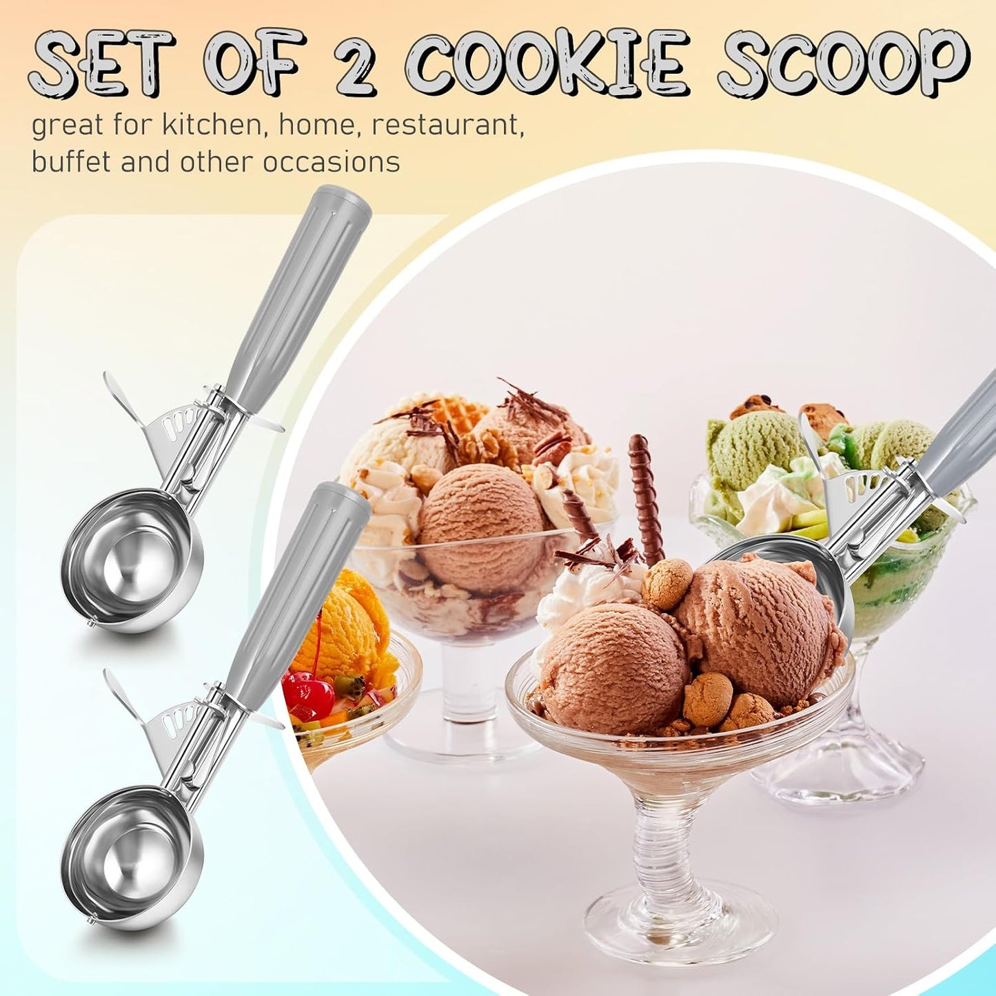 2 Pcs Release Cookie Scoops Ice Cream Scooper with Trigger Release Portion Scoop Stainless Steel for Portion Control, Baking Food, Cookie Dough (1 oz,Black)