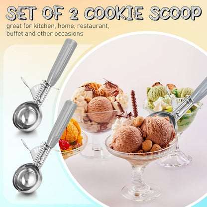 2 Pcs Release Cookie Scoops Ice Cream Scooper with Trigger Release Portion Scoop Stainless Steel for Portion Control, Baking Food, Cookie Dough (1 oz,Black)
