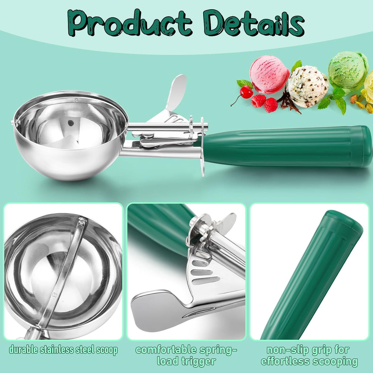 2 Pcs Release Cookie Scoops Ice Cream Scooper with Trigger Release Portion Scoop Stainless Steel for Portion Control, Baking Food, Cookie Dough (1 oz,Black)