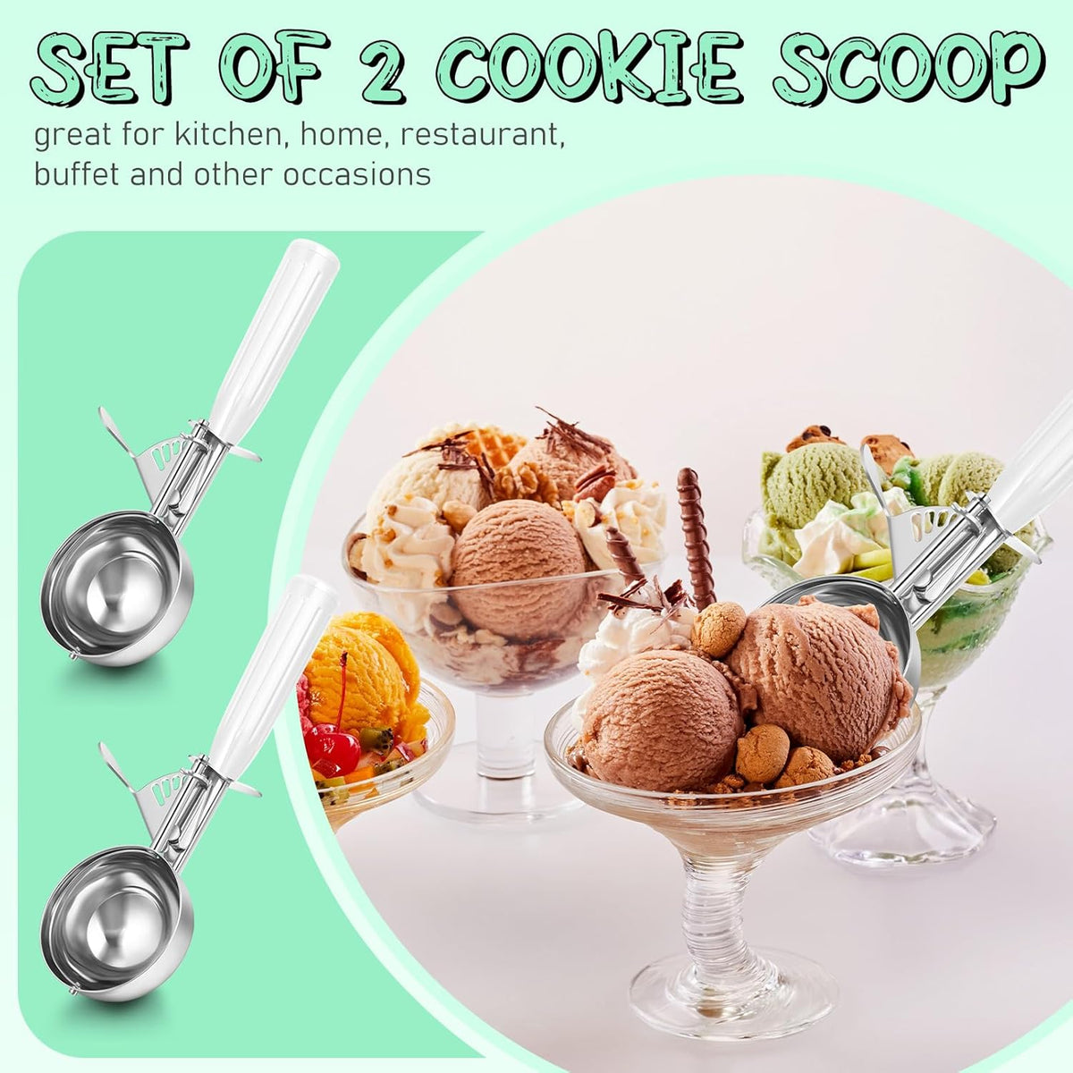 2 Pcs Release Cookie Scoops Ice Cream Scooper with Trigger Release Portion Scoop Stainless Steel for Portion Control, Baking Food, Cookie Dough (1 oz,Black)