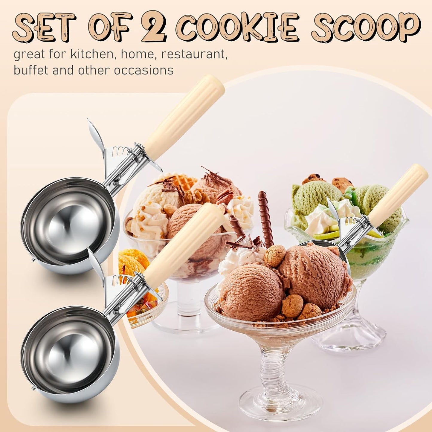 2 Pcs Release Cookie Scoops Ice Cream Scooper with Trigger Release Portion Scoop Stainless Steel for Portion Control, Baking Food, Cookie Dough (1 oz,Black)