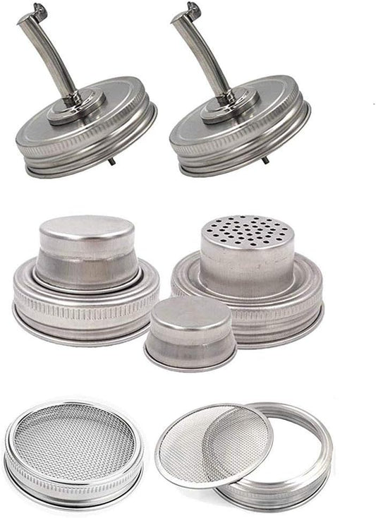 Mason Jar Liquor/Oil Pour Spout Dispenser, Sprouting Mason Jar Lid,Shaker Lid Shaker Dry Rub Lid - Cocktail, Mix Spices, Dredge Flour, Sugar Pack of 6