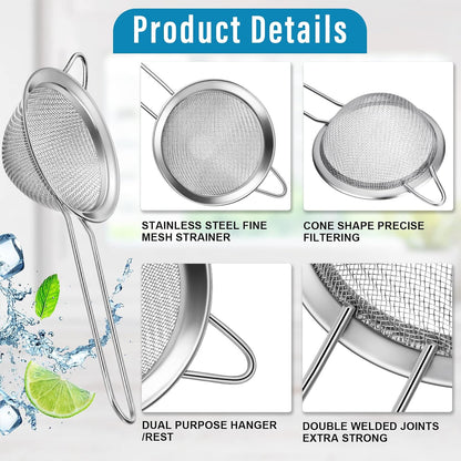 9 Pack Stainless Steel Cone Cocktail Strainer, Bar Strainer, Mesh, 3.2 in