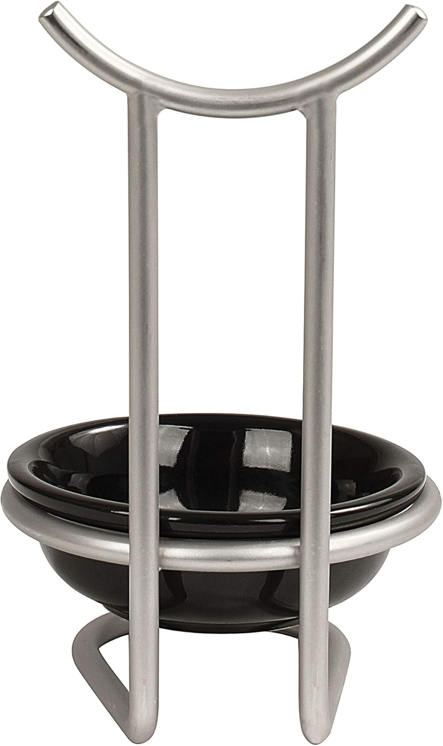 Euro Spoon Rest with Ceramic Dish Upright Cooking Utensil Holder for Kitchen Counter Oven Stove, Modern Steel Stand with Drip Catcher Stove Top Ladle Holder Stain Nickel