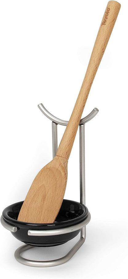 Euro Spoon Rest with Ceramic Dish Upright Cooking Utensil Holder for Kitchen Counter Oven Stove, Modern Steel Stand with Drip Catcher Stove Top Ladle Holder Stain Nickel
