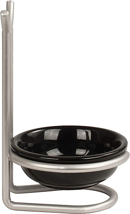 Euro Spoon Rest with Ceramic Dish Upright Cooking Utensil Holder for Kitchen Counter Oven Stove, Modern Steel Stand with Drip Catcher Stove Top Ladle Holder Stain Nickel