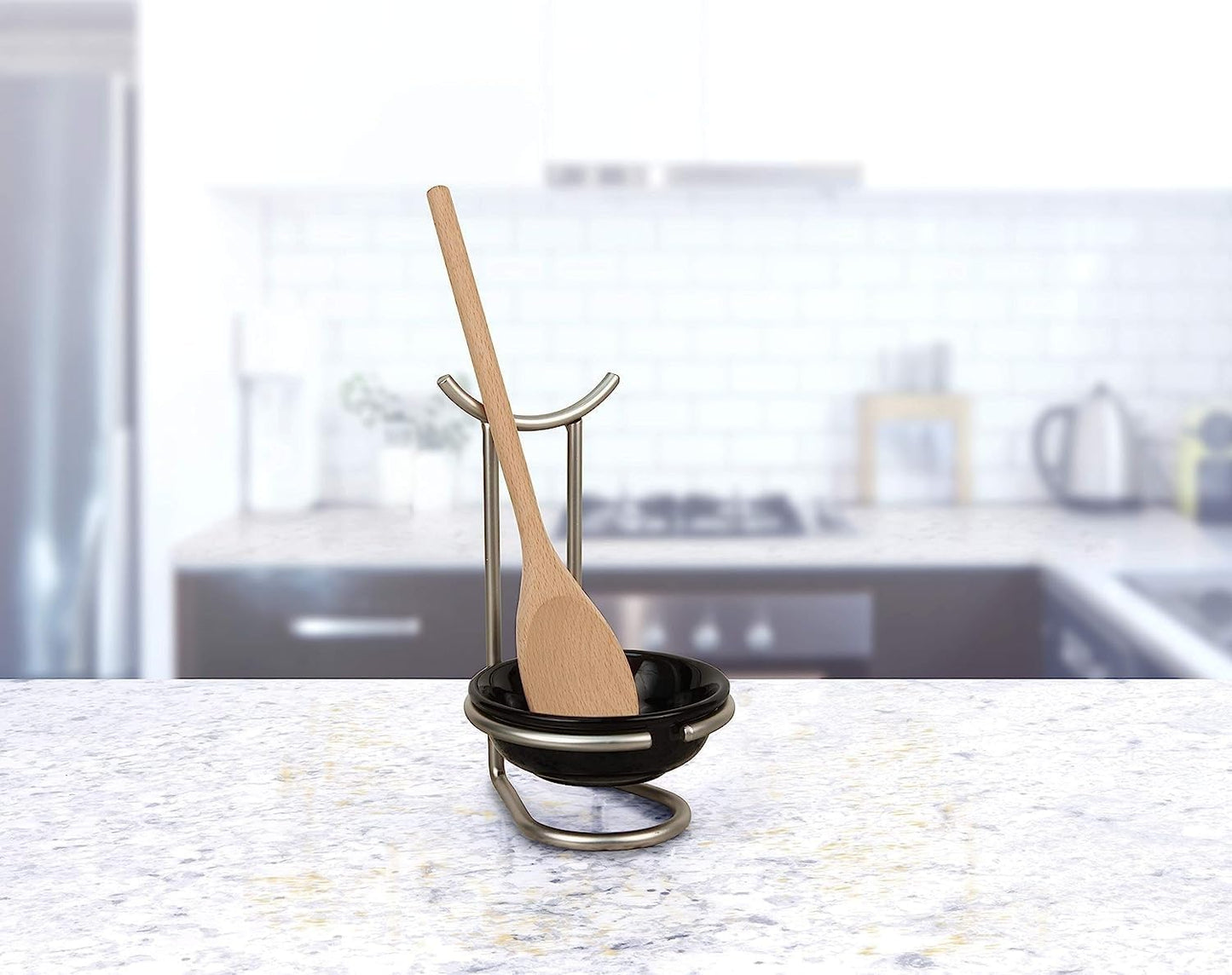 Euro Spoon Rest with Ceramic Dish Upright Cooking Utensil Holder for Kitchen Counter Oven Stove, Modern Steel Stand with Drip Catcher Stove Top Ladle Holder Stain Nickel