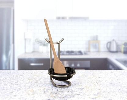 Euro Spoon Rest with Ceramic Dish Upright Cooking Utensil Holder for Kitchen Counter Oven Stove, Modern Steel Stand with Drip Catcher Stove Top Ladle Holder Stain Nickel