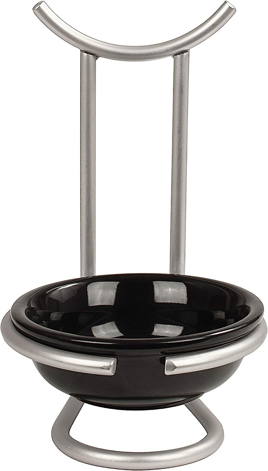 Euro Spoon Rest with Ceramic Dish Upright Cooking Utensil Holder for Kitchen Counter Oven Stove, Modern Steel Stand with Drip Catcher Stove Top Ladle Holder Stain Nickel