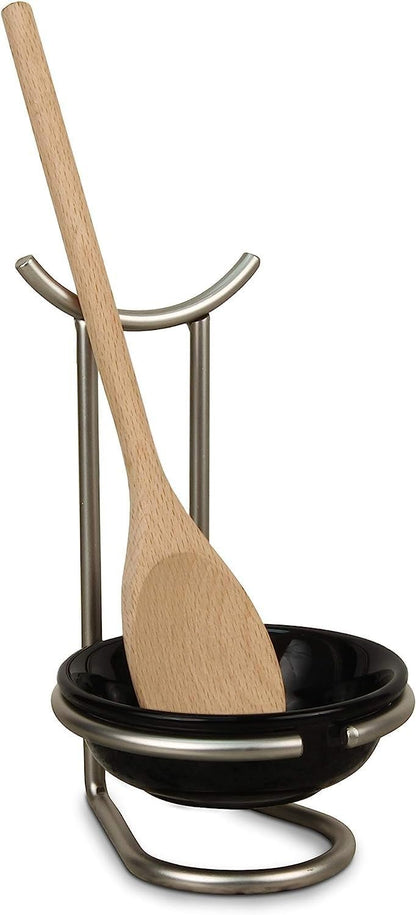 Euro Spoon Rest with Ceramic Dish Upright Cooking Utensil Holder for Kitchen Counter Oven Stove, Modern Steel Stand with Drip Catcher Stove Top Ladle Holder Stain Nickel