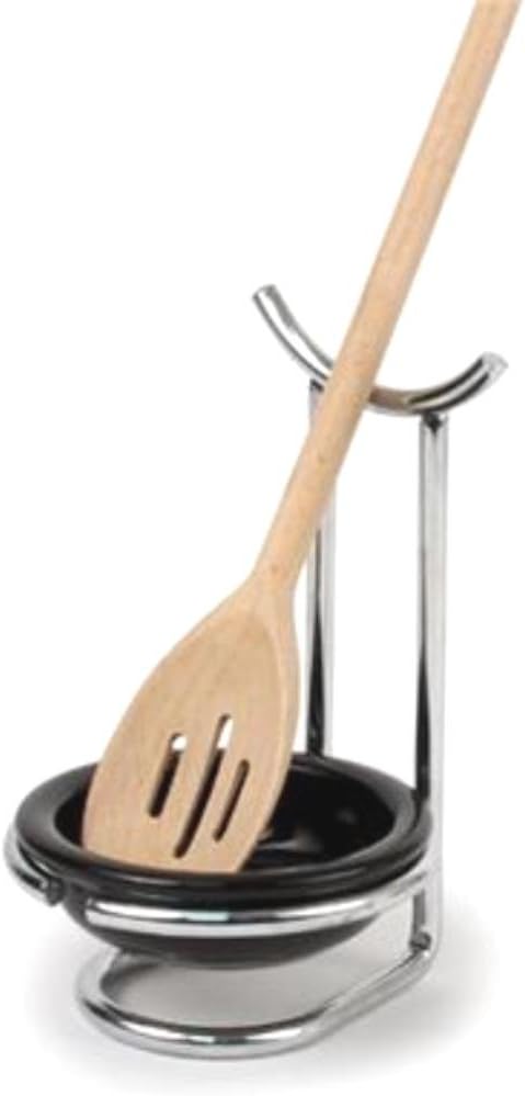 Euro Spoon Rest with Ceramic Dish Upright Cooking Utensil Holder for Kitchen Counter Oven Stove, Modern Steel Stand with Drip Catcher Stove Top Ladle Holder Stain Nickel