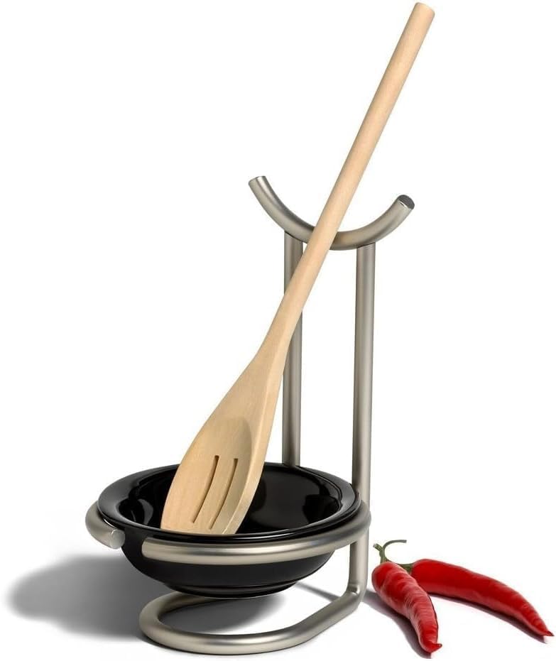 Euro Spoon Rest with Ceramic Dish Upright Cooking Utensil Holder for Kitchen Counter Oven Stove, Modern Steel Stand with Drip Catcher Stove Top Ladle Holder Stain Nickel