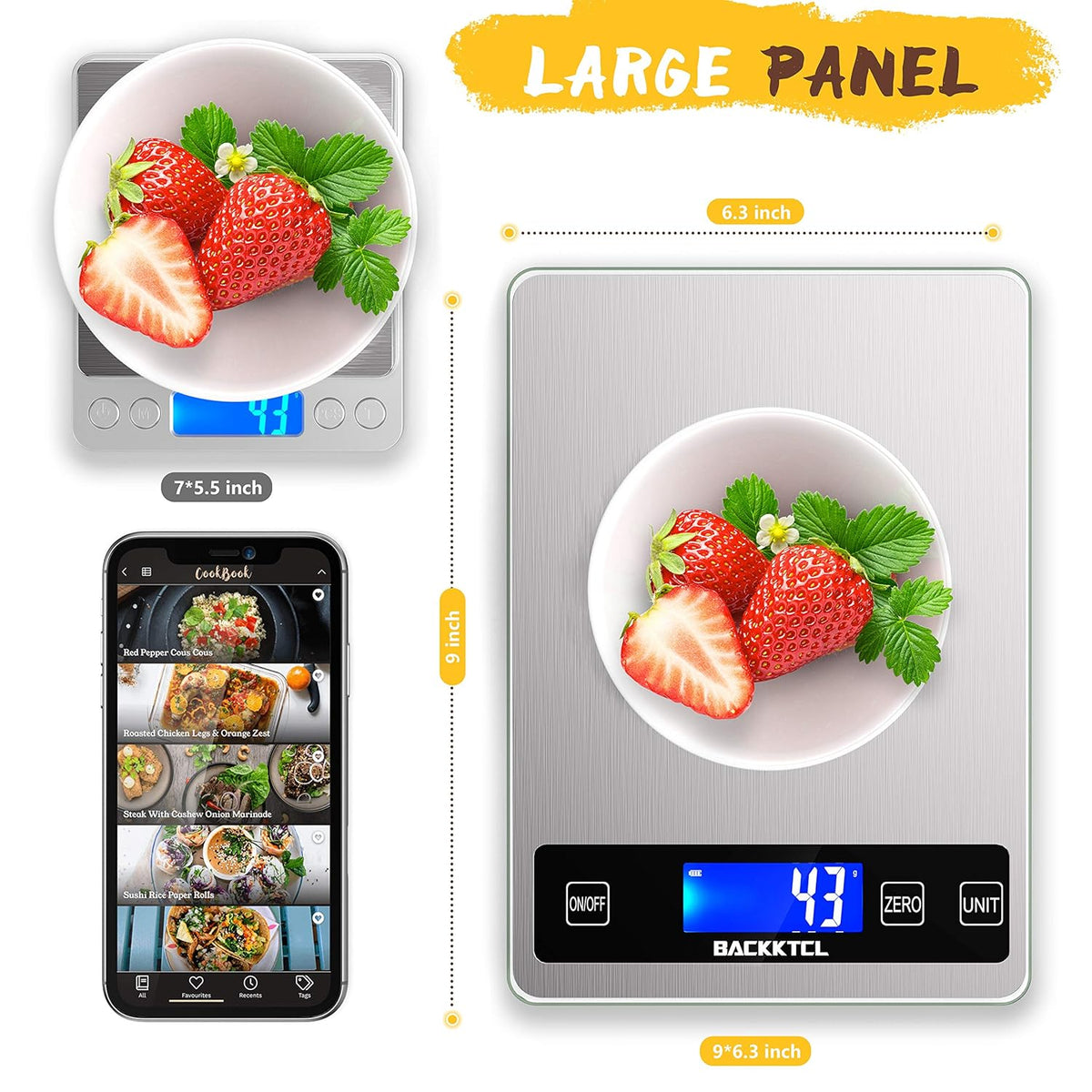 ''Cooking Master' 22lb Digital Kitchen Scale,Food Scale Measures in Grams and Ounces for Weight Cooking Baking,1g/0.1oz Precise Graduation,Stainless Steel and Tempered Glass