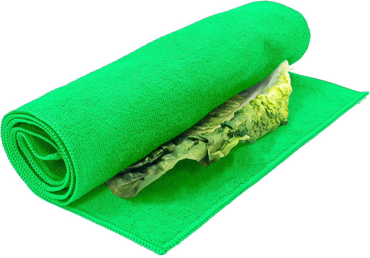 Microfiber Lettuce Wrap Towels, Ultra Absorbent Terry Weave Vegetable Drying Cloths, Reusable Kitchen Towels for Greens, Herbs, Produce, Space-Saving Alternative,12" x 42", Green, 2-Pack