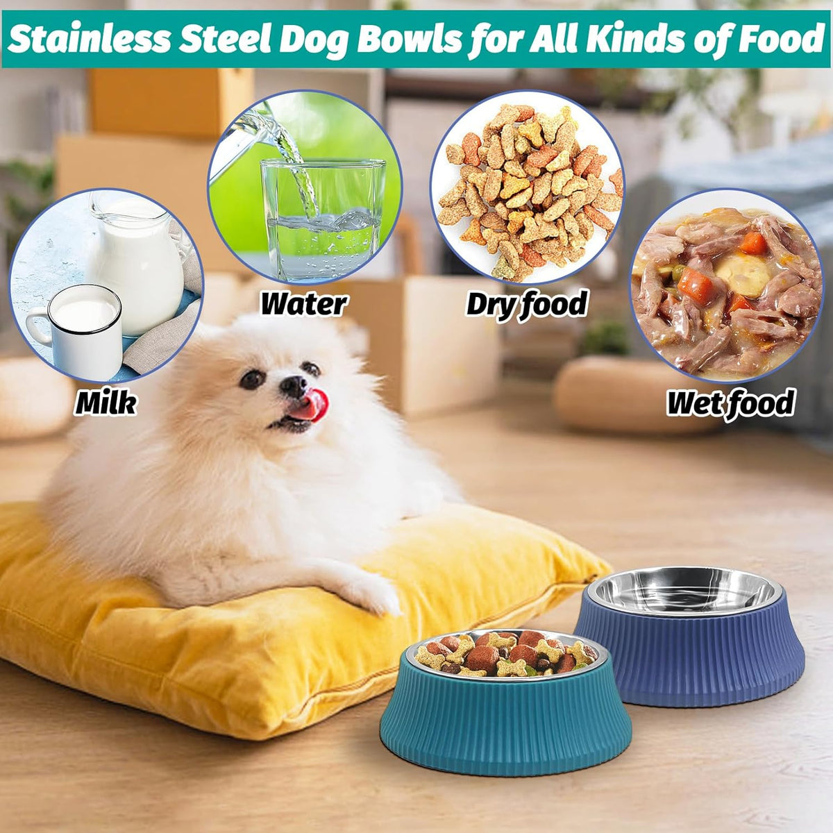 Stainless Steel Dog Bowls Set Removable no tip Puppy Food and Water Feeder Bowl Basic Metal Small Dog Bowls for Dogs Cats Rabbit Guinea Pigs Ferret
