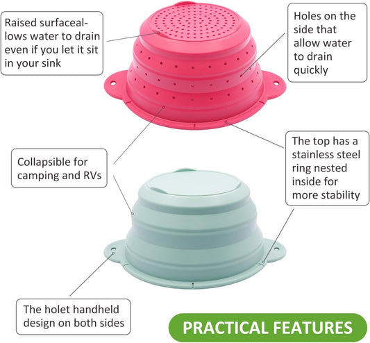 Collapsible Silicone Colander Bowl Set,BPA Free, Heat Resistant, Stainless Steel Nesting, Portable Washing Basket Strainer Drain Basin for Pasta, Vegetable and fruit, Kitchen, Camping, Hiking
