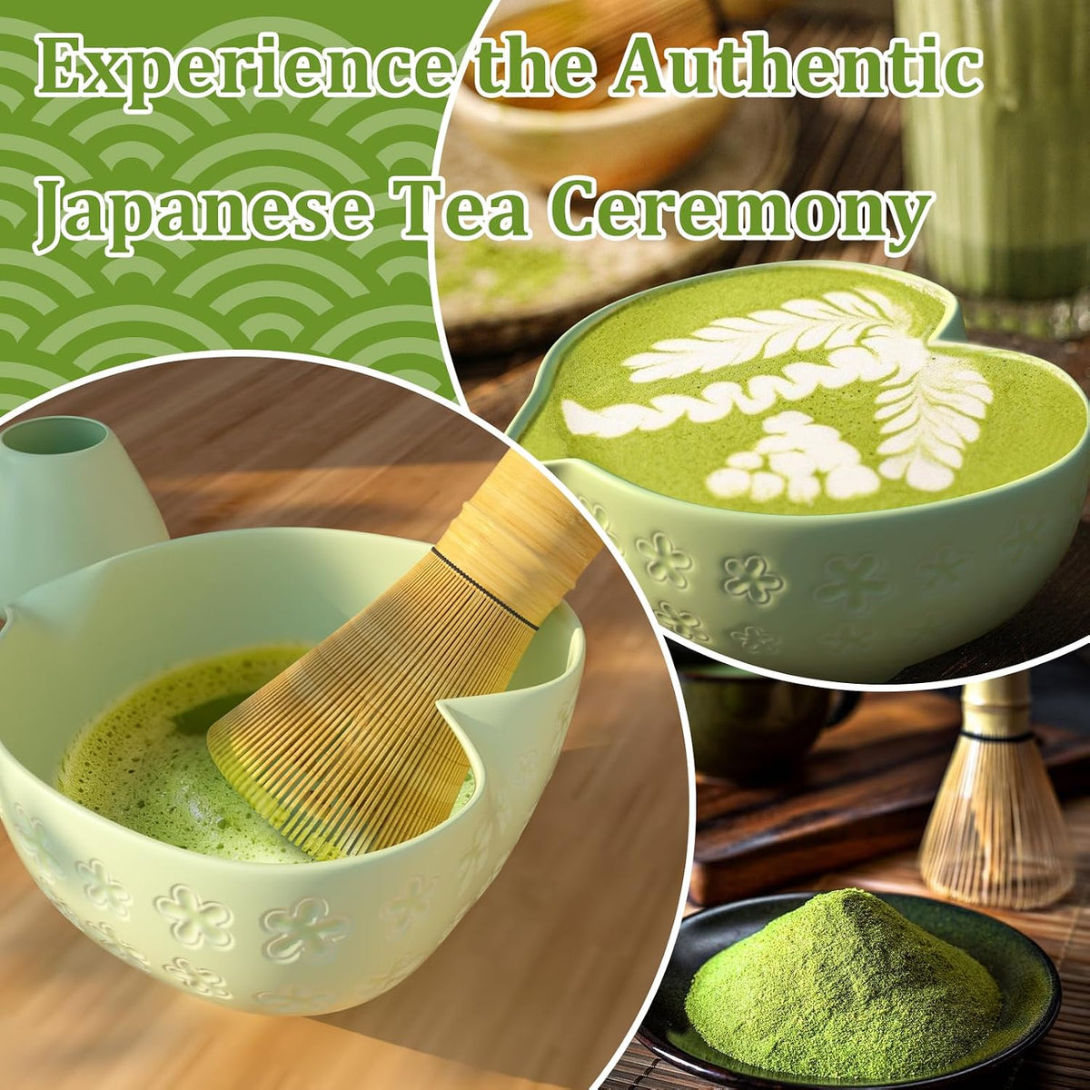 Matcha Whisk Set & Japanese Tea Set, 8PCS Ceramic Matcha Kit, Heart-shaped Matcha Bowl with Spout and Bamboo Whisk for Ceremony Matcha Lovers, Ideal Gift Christmas and Birthday (Matcha Green)