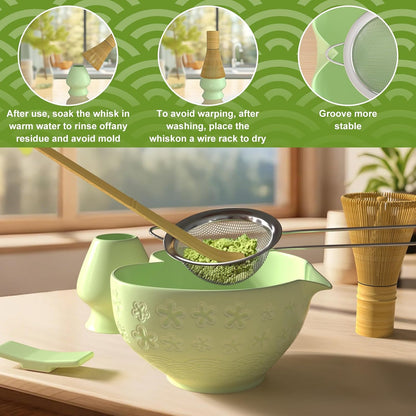 Matcha Whisk Set & Japanese Tea Set, 8PCS Ceramic Matcha Kit, Heart-shaped Matcha Bowl with Spout and Bamboo Whisk for Ceremony Matcha Lovers, Ideal Gift Christmas and Birthday (Matcha Green)