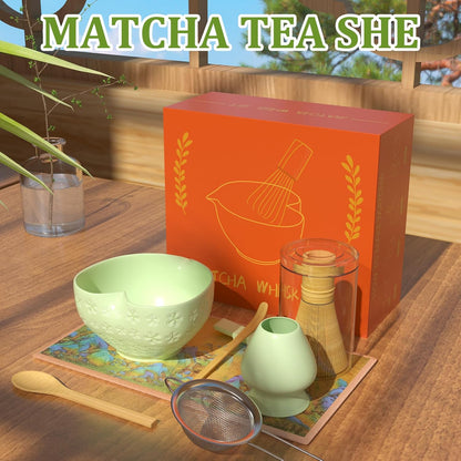 Matcha Whisk Set & Japanese Tea Set, 8PCS Ceramic Matcha Kit, Heart-shaped Matcha Bowl with Spout and Bamboo Whisk for Ceremony Matcha Lovers, Ideal Gift Christmas and Birthday (Matcha Green)