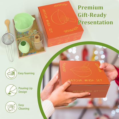 Matcha Whisk Set & Japanese Tea Set, 8PCS Ceramic Matcha Kit, Heart-shaped Matcha Bowl with Spout and Bamboo Whisk for Ceremony Matcha Lovers, Ideal Gift Christmas and Birthday (Matcha Green)