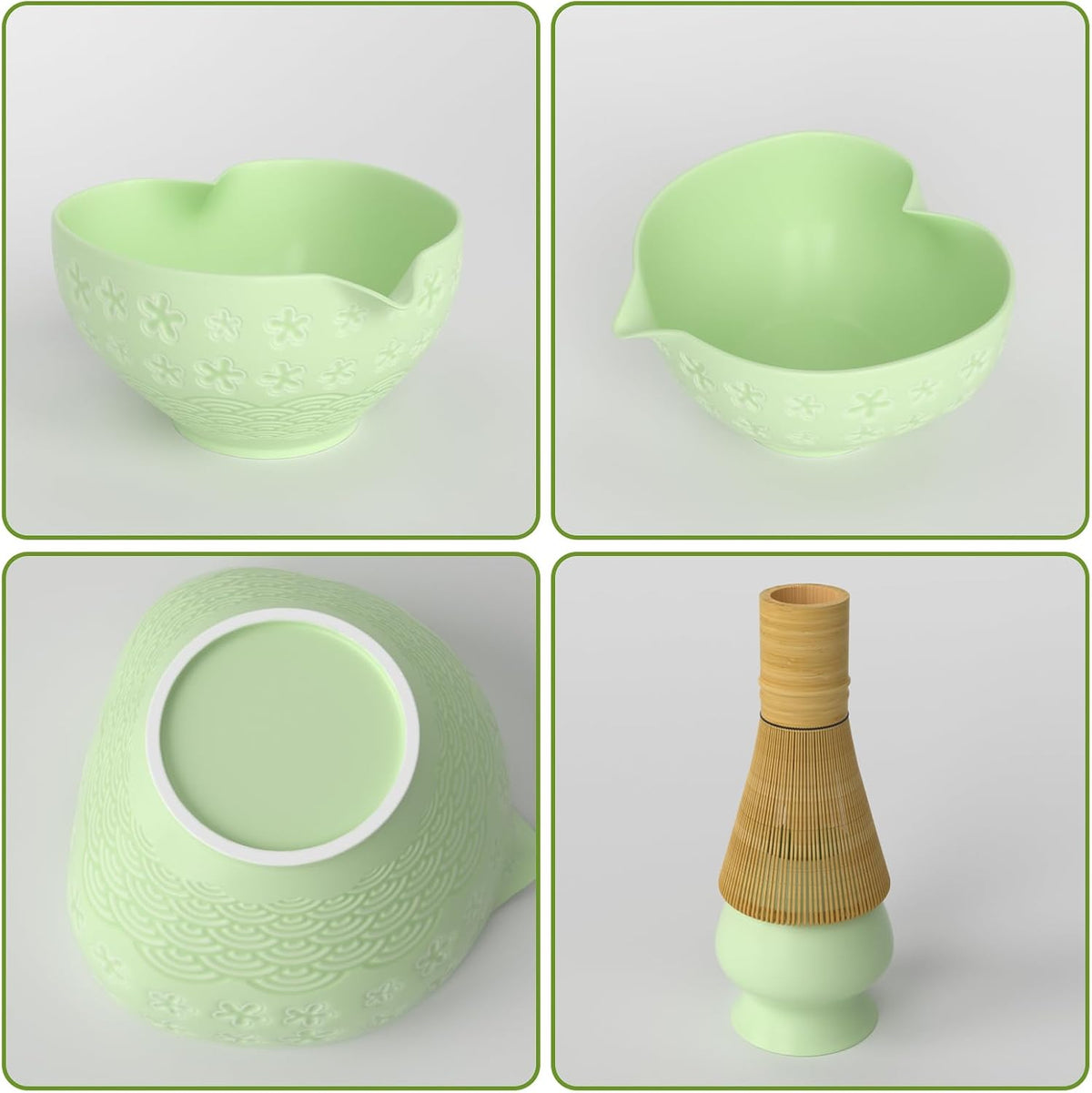 Matcha Whisk Set & Japanese Tea Set, 8PCS Ceramic Matcha Kit, Heart-shaped Matcha Bowl with Spout and Bamboo Whisk for Ceremony Matcha Lovers, Ideal Gift Christmas and Birthday (Matcha Green)