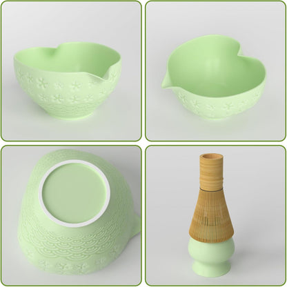 Matcha Whisk Set & Japanese Tea Set, 8PCS Ceramic Matcha Kit, Heart-shaped Matcha Bowl with Spout and Bamboo Whisk for Ceremony Matcha Lovers, Ideal Gift Christmas and Birthday (Matcha Green)